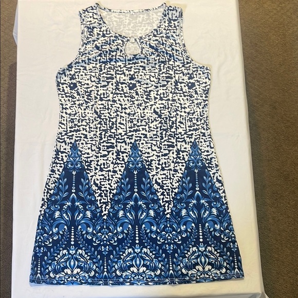 White and Blue Sleeveless Sheath Midi Dress - Picture 3 of 17
